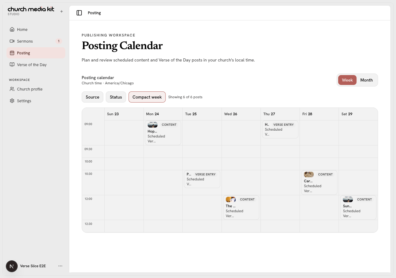 Church Media Kit Posting Calendar showing fictional sermon content and verse entries together in one planned week