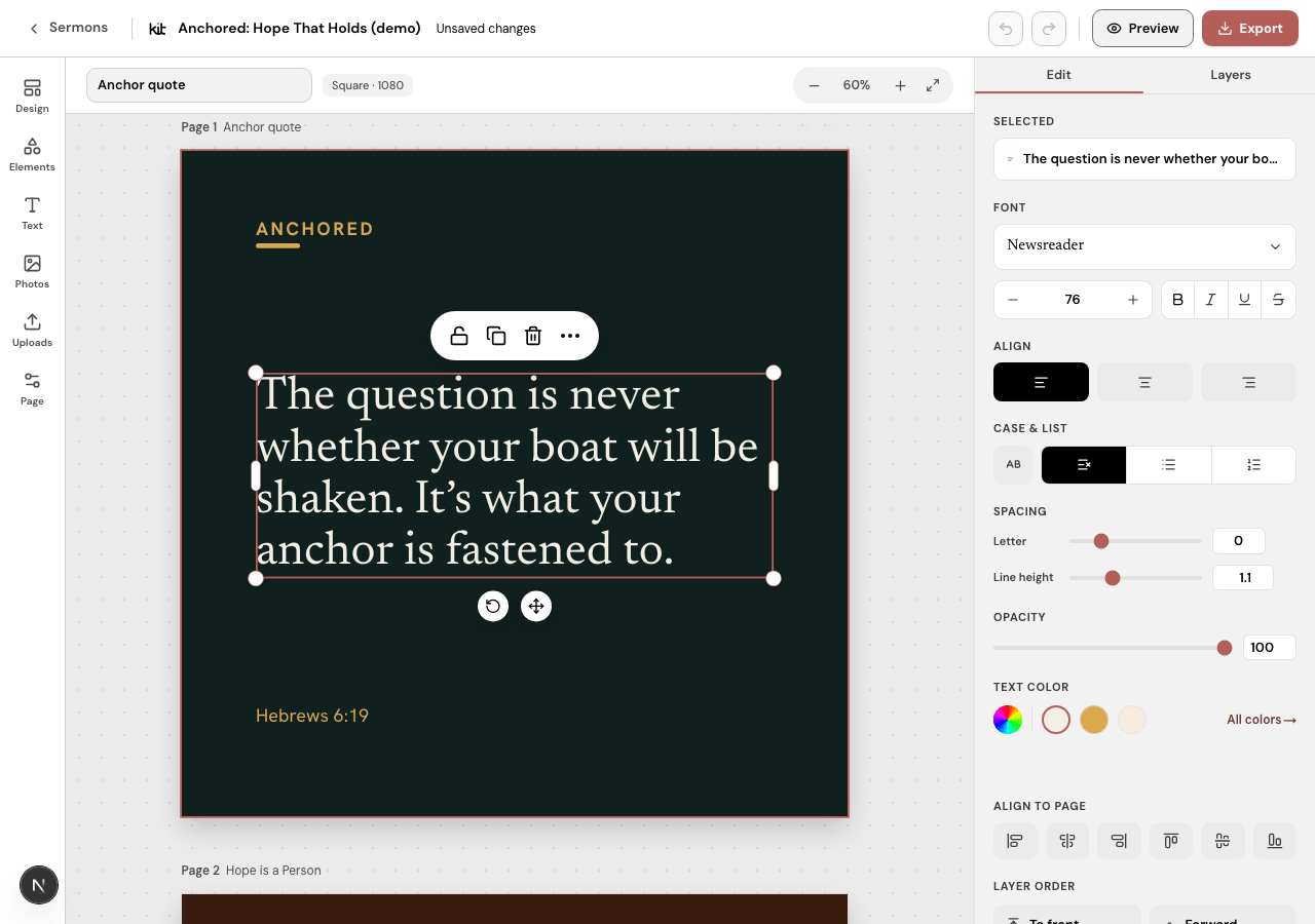 Church Media Kit Studio editor showing selected text in a fictional Anchored in Hope design with the Edit panel open