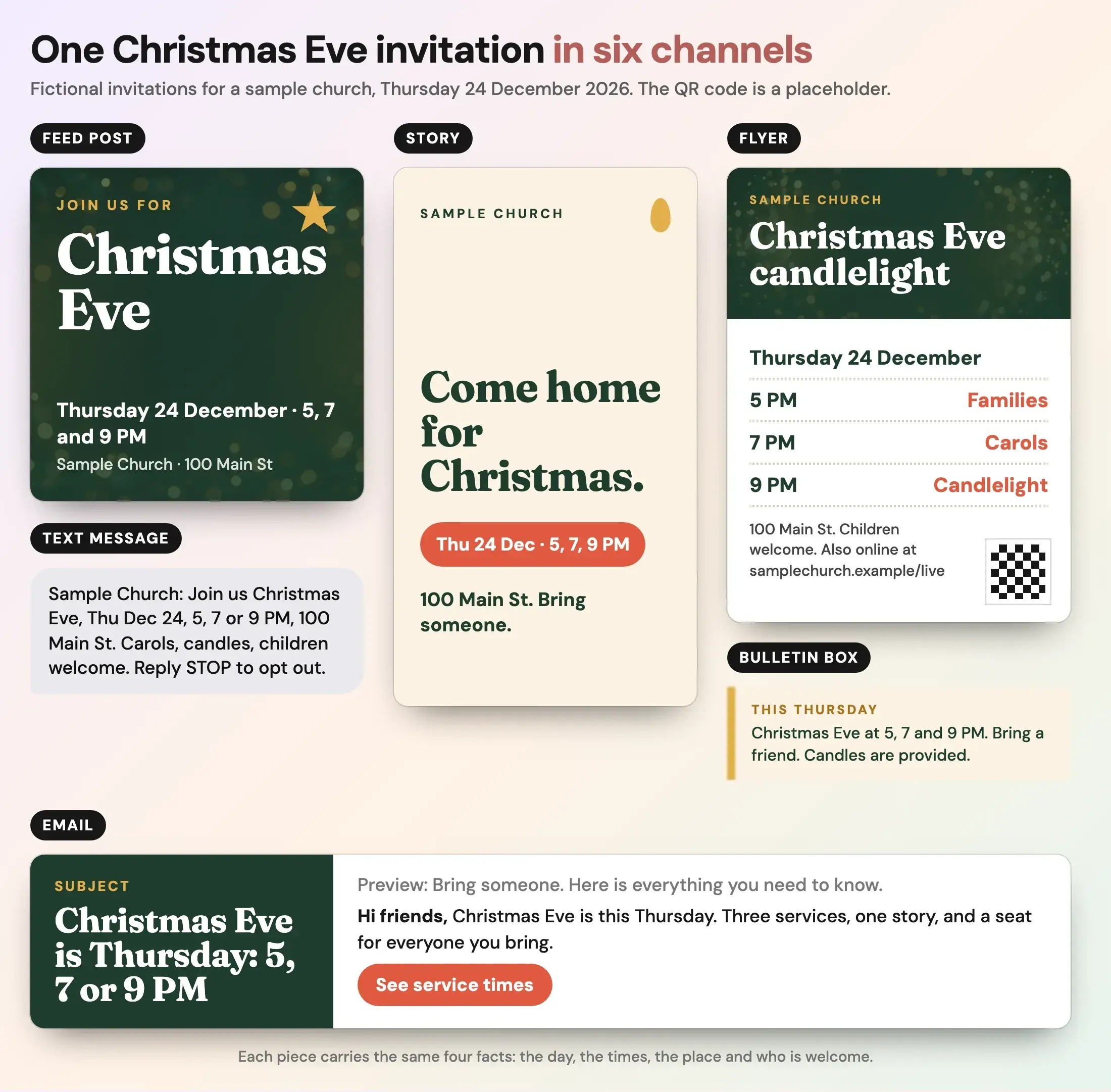 A set of six fictional Christmas Eve invitations for a sample church, Thursday 24 December 2026. A square evergreen feed post reading Join us for Christmas Eve with a gold star, a cream Story reading Come home for Christmas, a flyer reading Christmas Eve candlelight with 5, 7 and 9 PM services, a bulletin box reading This Thursday, an email with the subject Christmas Eve is Thursday: 5, 7 or 9 PM, and a text message. The QR code on the flyer is a placeholder. All wording is in the sections below.