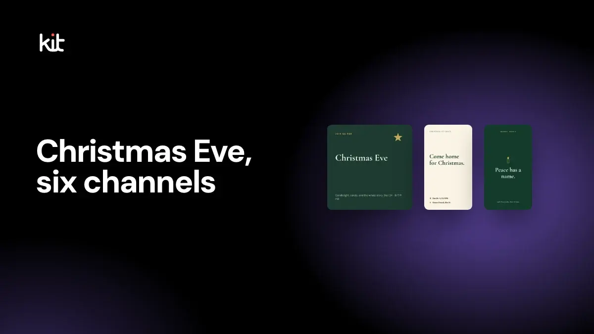 Christmas Eve service invite ideas: a square evergreen Christmas Eve invitation with a gold star beside a cream Story reading Come home for Christmas and a green Advent candle Story