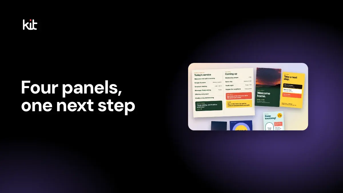 What to put in a church bulletin: a fictional folded bulletin with a dark green Welcome home cover, a cream order of service spread and a yellow Take a next step back panel