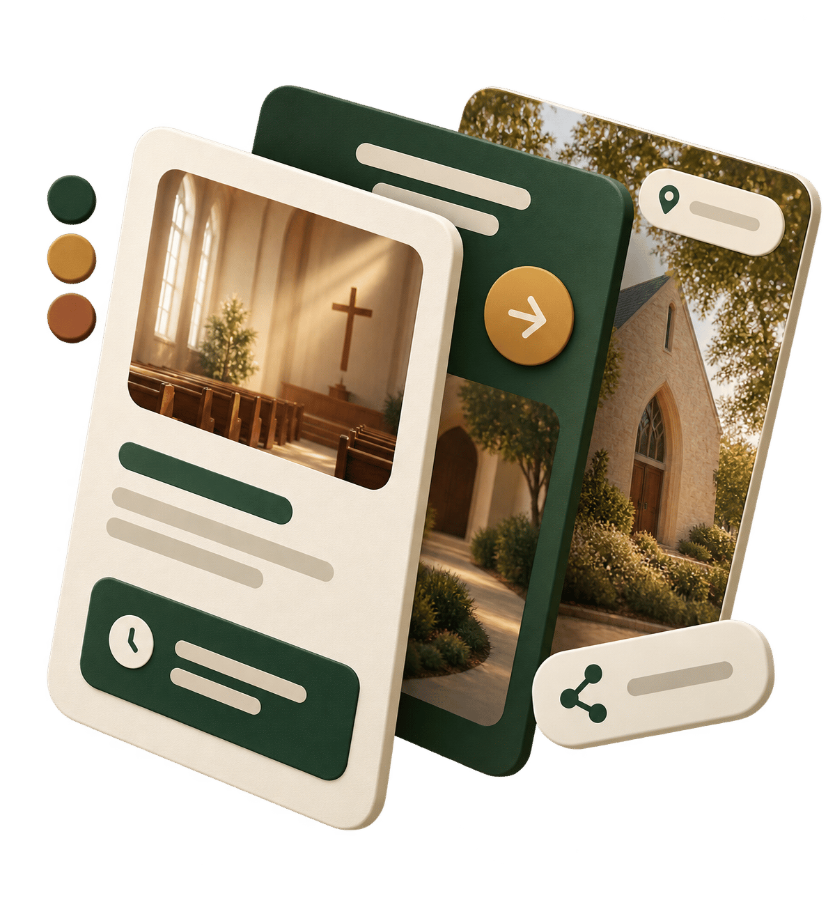 Layered Church in bio cards showing a sanctuary, visitor directions, and sharing