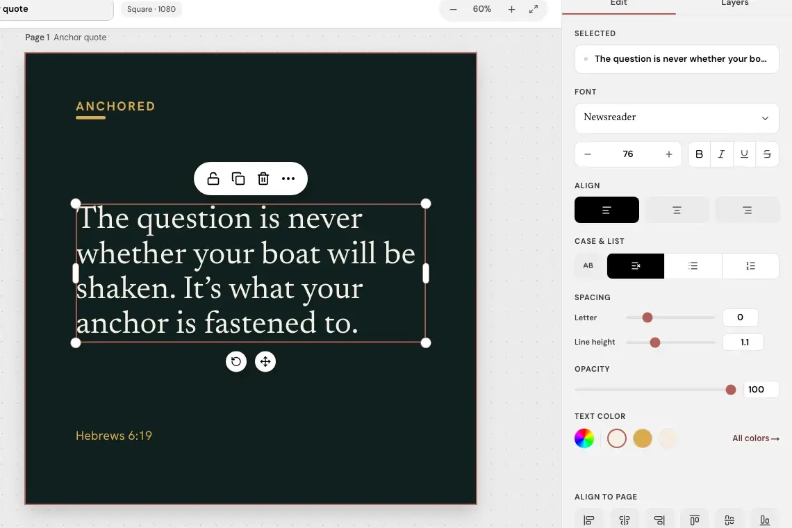 A quote selected on the Studio canvas with the Edit panel open