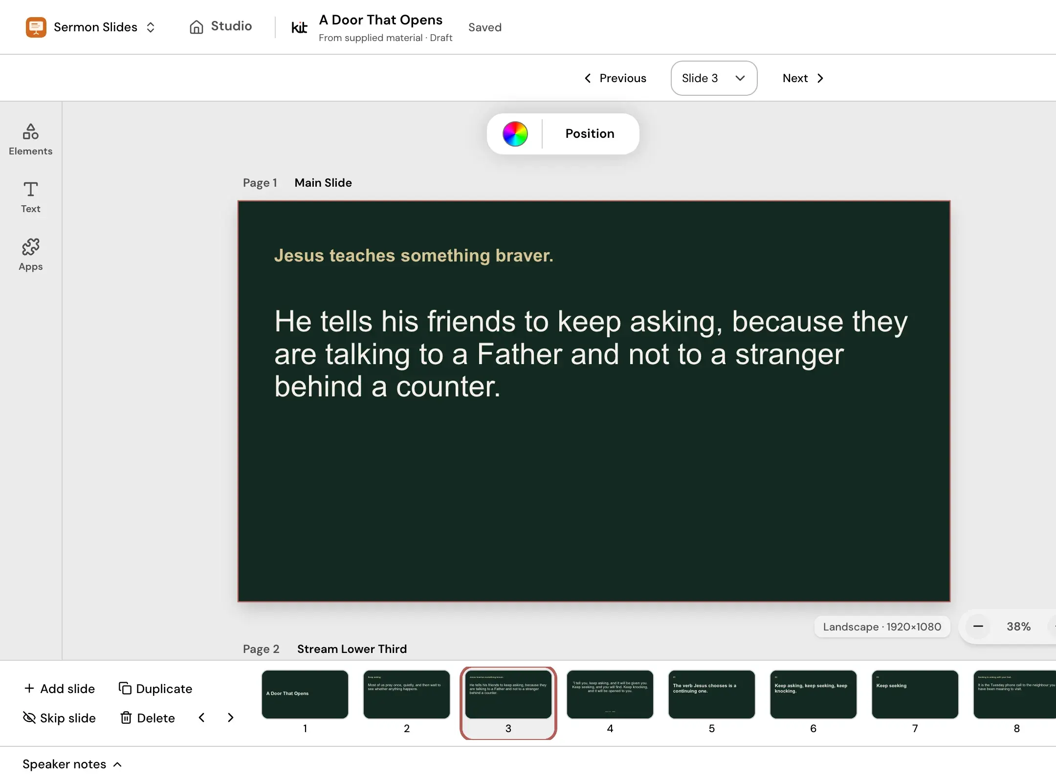 A sample slide from a fictional sermon, open in the Sermon Slides editor with the slide strip below it.