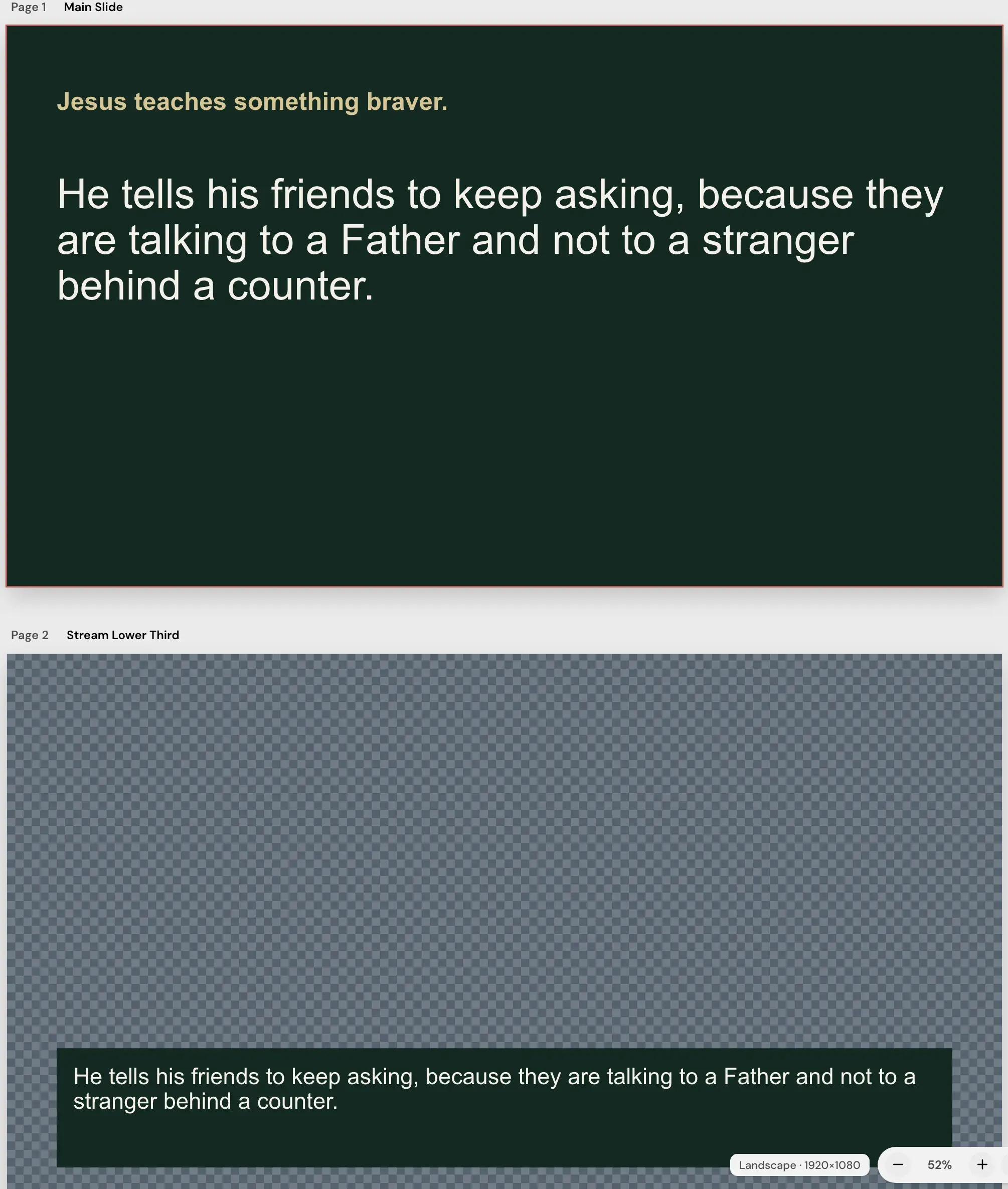 Sermon Slides main slide and its matching livestream text bar, from a fictional sample sermon