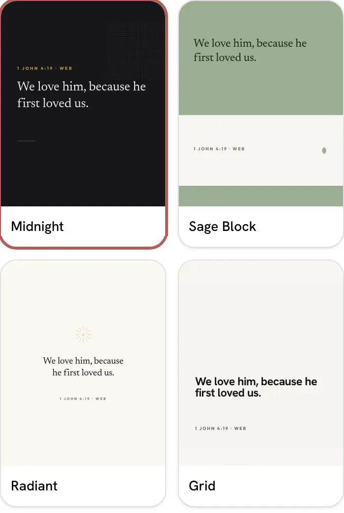 Four style choices for a fictional church's own sample verse: Midnight, Sage Block, Radiant and Grid.