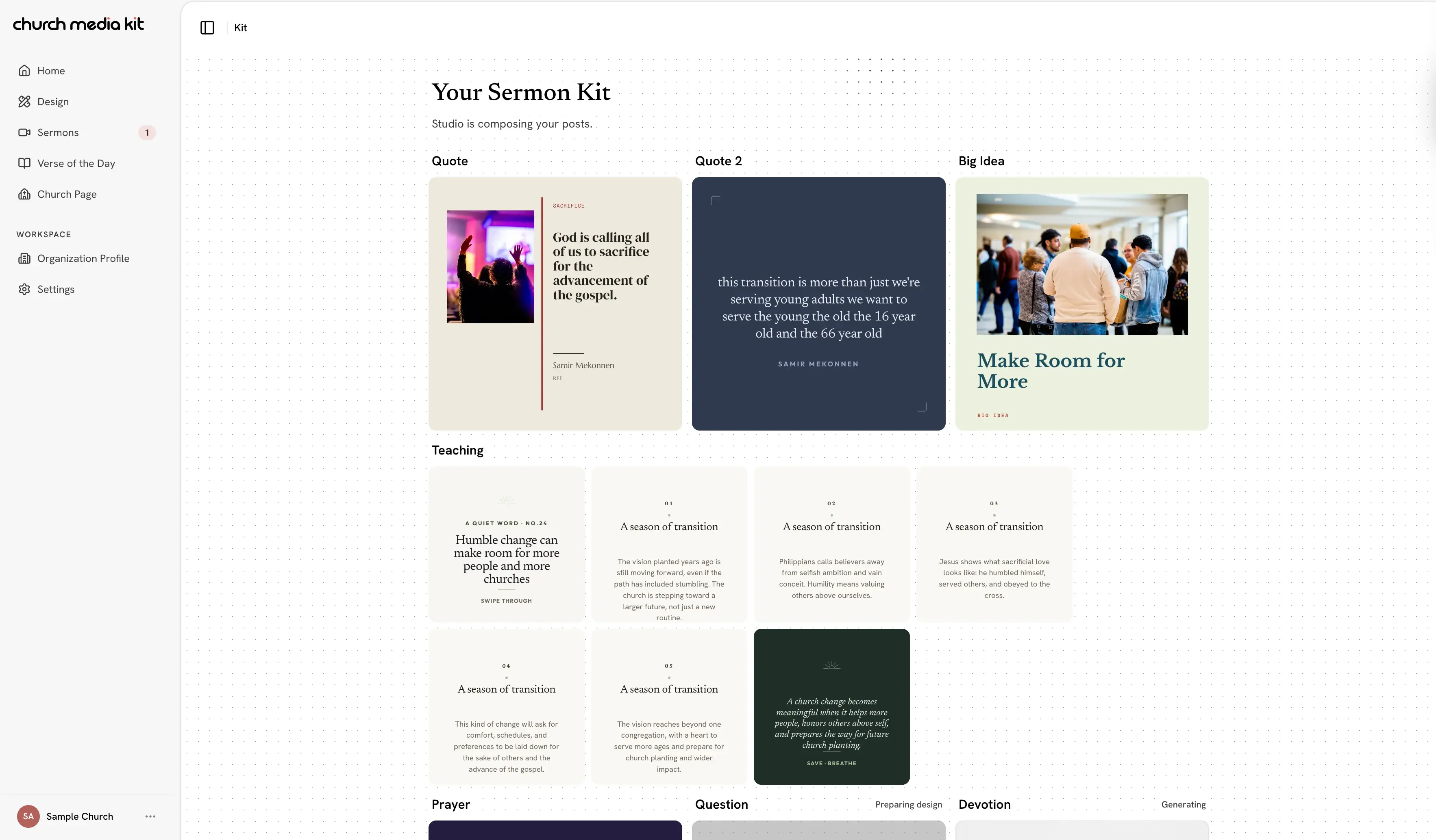 Church Media Kit showing a fictional sermon transformed into five ready weekly content sections