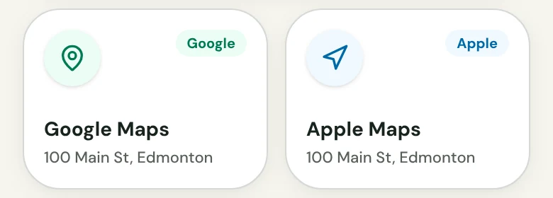 Two direction tiles from the Sample Church page, one for Google Maps and one for Apple Maps, each showing the street address in Edmonton.