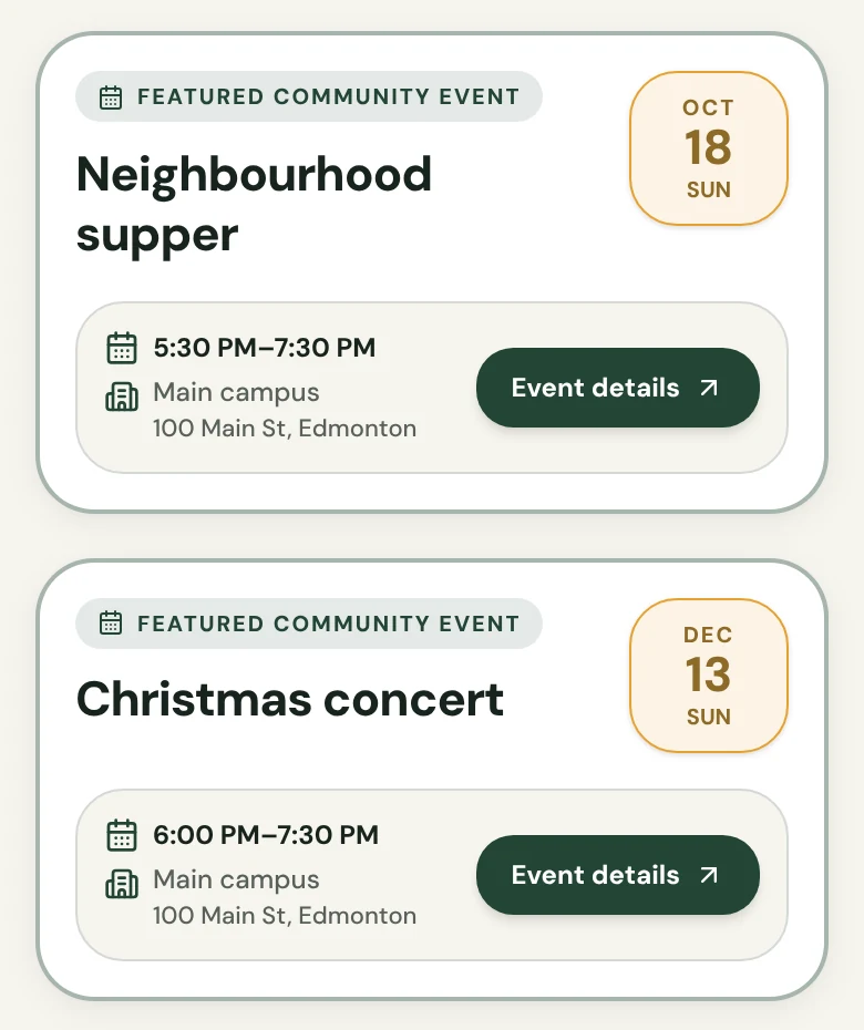 Featured events on the Sample Church page: a Neighbourhood supper on Oct 18 and a Christmas concert on Dec 13, each with its time, the Main campus address and an Event details button.
