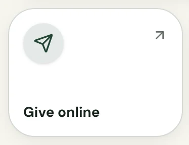 The Give online tile from the Sample Church page: a single tile with a send icon, an arrow and the words Give online.