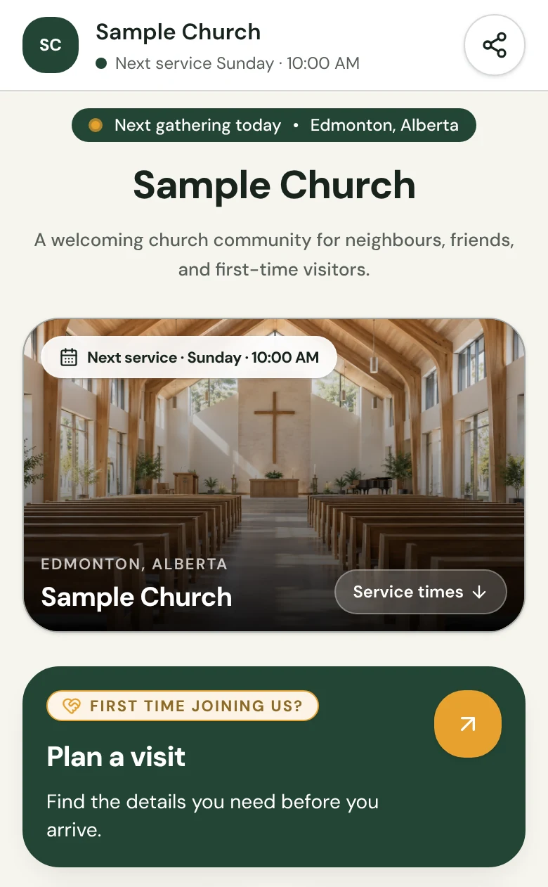 Top of the Sample Church page: a pill reading Next gathering today in Edmonton, Alberta, the Sample Church name and welcome line, a cover photo labelled Next service Sunday 10:00 AM with a Service times button, and a Plan a visit card.
