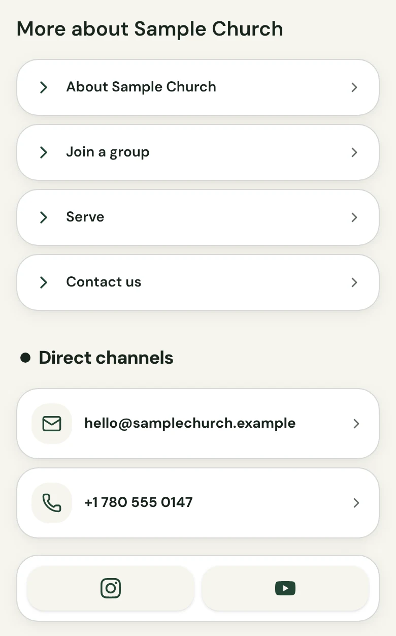 More about Sample Church section with four buttons, About Sample Church, Join a group, Serve and Contact us, followed by Direct channels with the church email address, phone number and Instagram and YouTube icons.