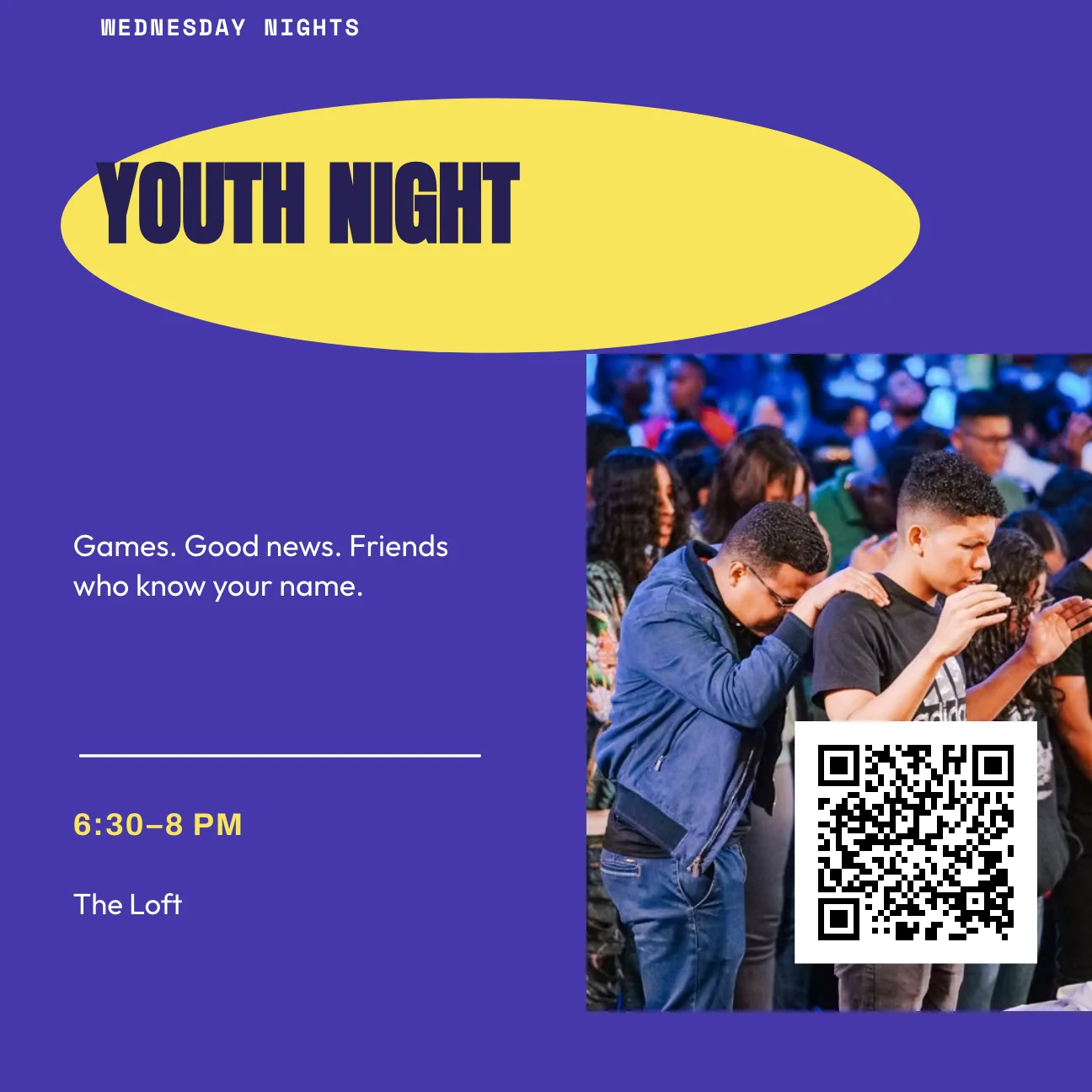 A finished Youth night flyer, Square: the heading Youth night on a yellow oval, a tagline, the time and place, and a photo of young people praying together with a white QR code inserted by the QR Code app in its lower right corner, with a clear white margin around the code. The code opens https://samplechurch.example/youth.
