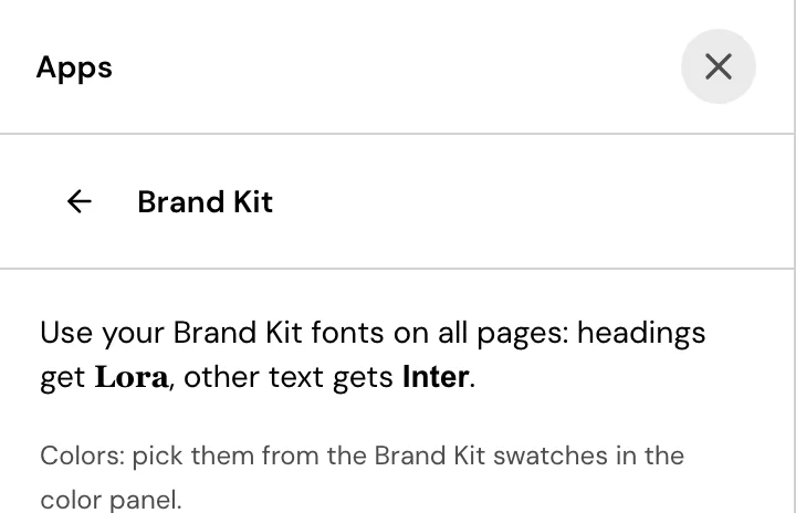 The Brand Kit app in the Design editor: a This page and All pages choice, a line naming the Lora heading font and Inter body font, a line saying which text layers will change, and an Apply fonts button.