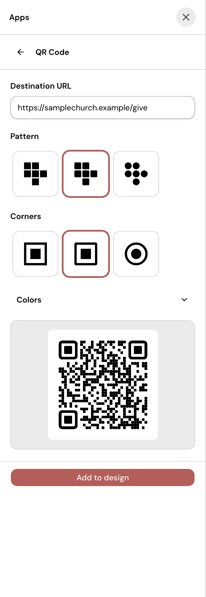The QR Code app of the Design editor with a Sample Church giving link entered in the Destination URL field and the code preview beside it.