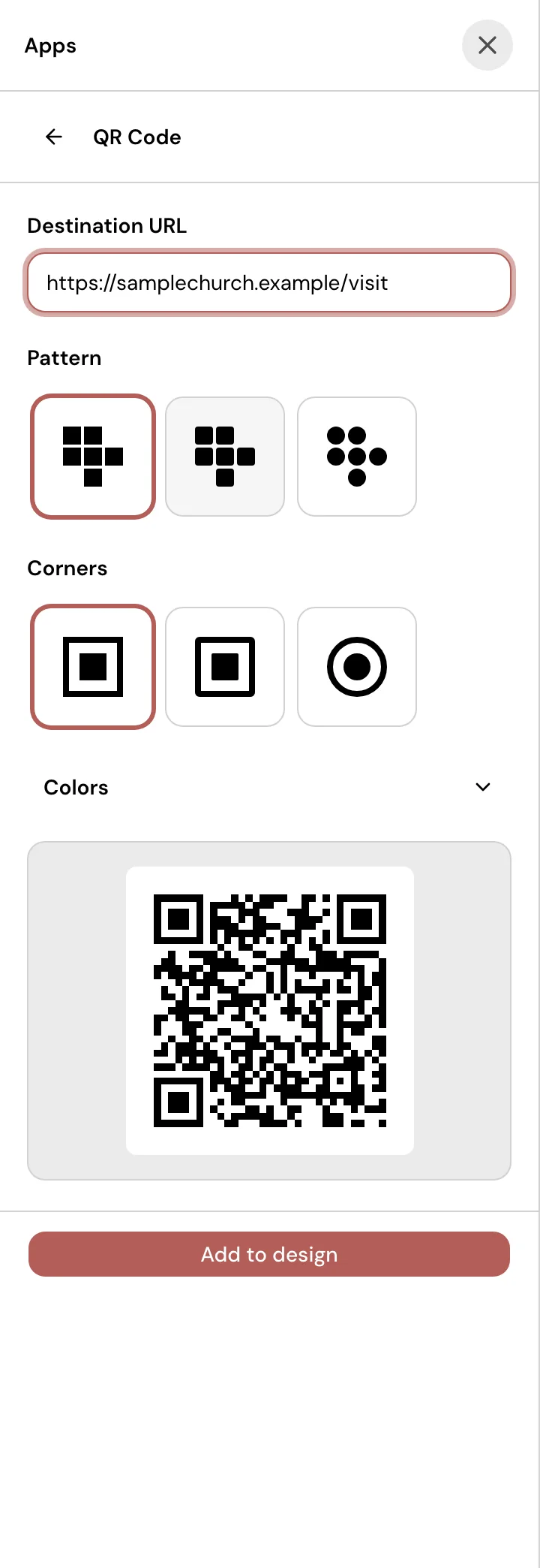 The QR Code app of the Design editor: a Destination URL field holding a Sample Church visit link, pattern and corner choices and a preview of the scannable code.