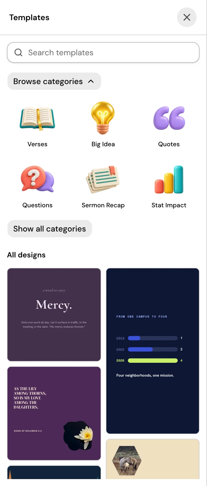 The Templates panel of the Design editor: a search field, a Browse categories menu with Verses, Big Idea, Quotes, Questions, Sermon Recap and Stat Impact, and a grid of church template designs under All designs.