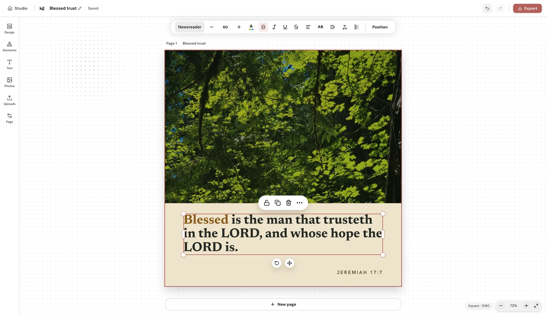 The Design editor with a fictional Jeremiah 17:7 verse design open and its text layer selected.