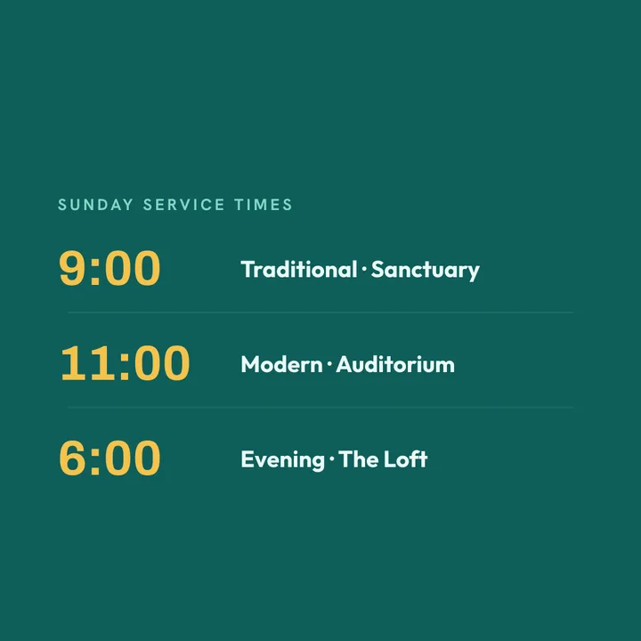 A deep green Square announcement design listing three Sunday service times with their locations.