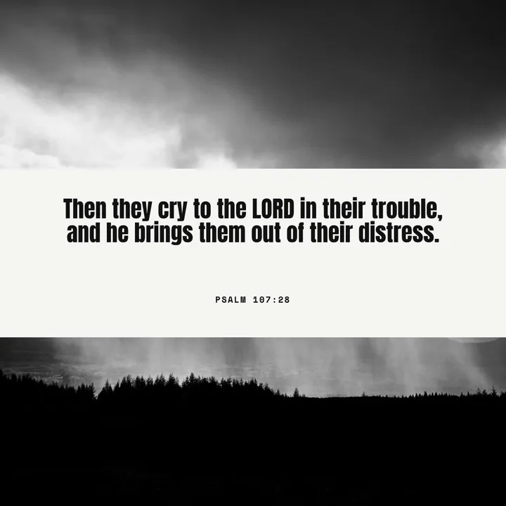 A black and white Square verse design of a stormy sky over a dark treeline with the words of Psalm 107:28.