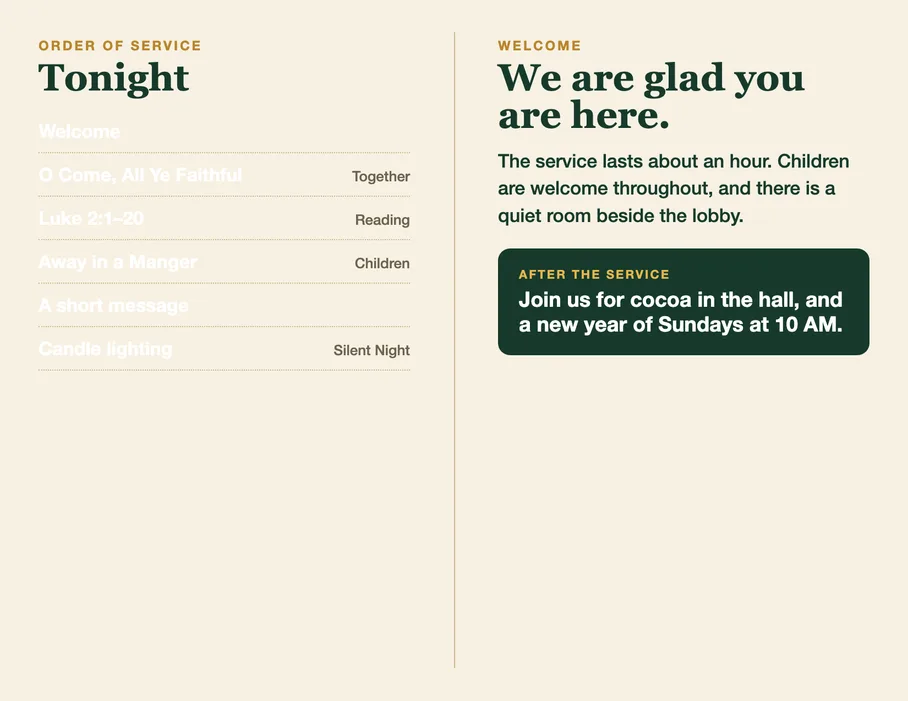 A sample Christmas Eve program spread with an order of service of six moments on the left and a welcome note on the right.