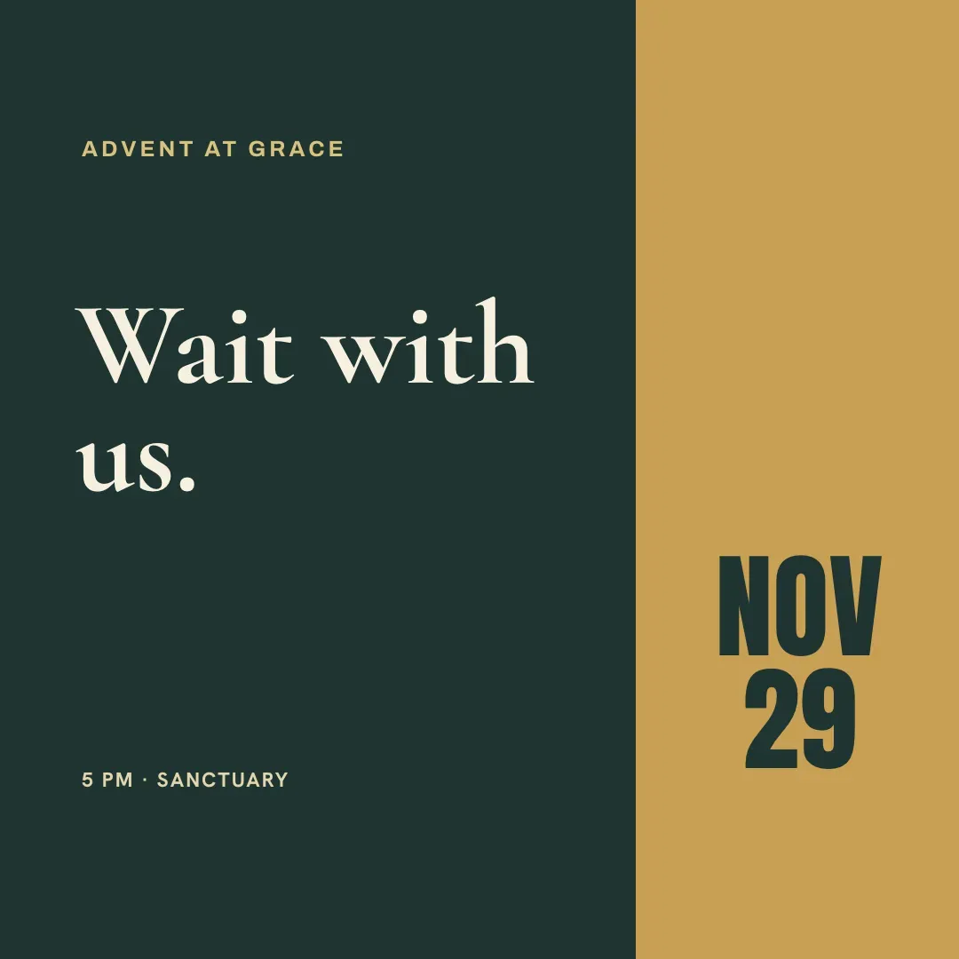 A square evergreen and gold Advent post reading Wait with us, Nov 29.
