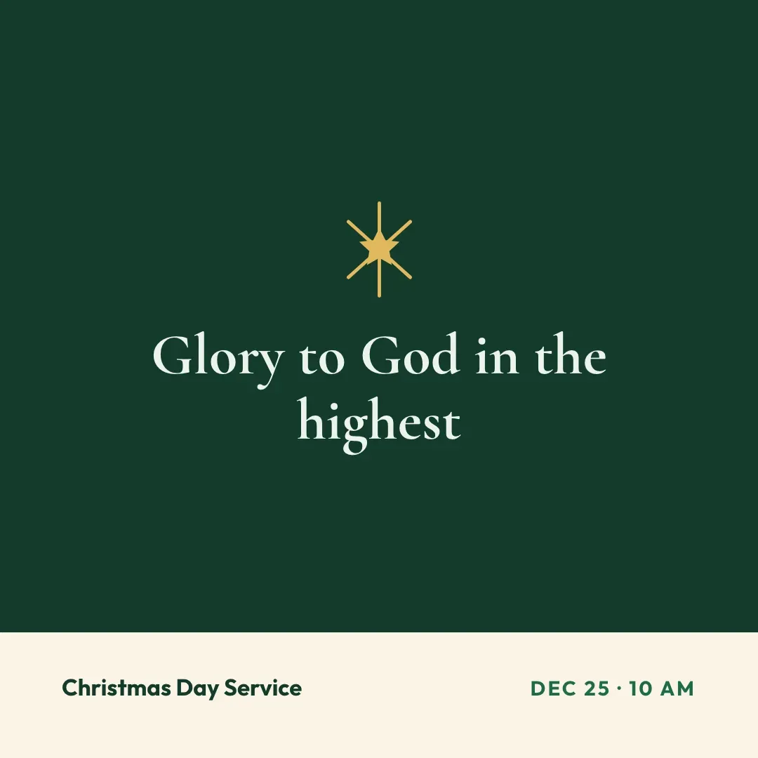 A square Christmas Day post with a gold star reading Glory to God in the highest, Dec 25, 10 AM.
