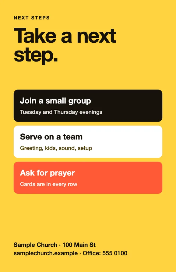 A yellow back panel headed Take a next step with three cards: Join a small group, Serve on a team and Ask for prayer.