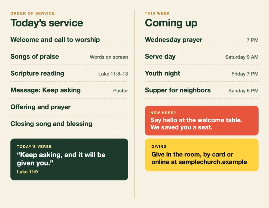An inside spread on cream paper: Today's service with six moments on the left, and Coming up with four events, a coral New here box and a yellow Giving box on the right, above a Scripture box.