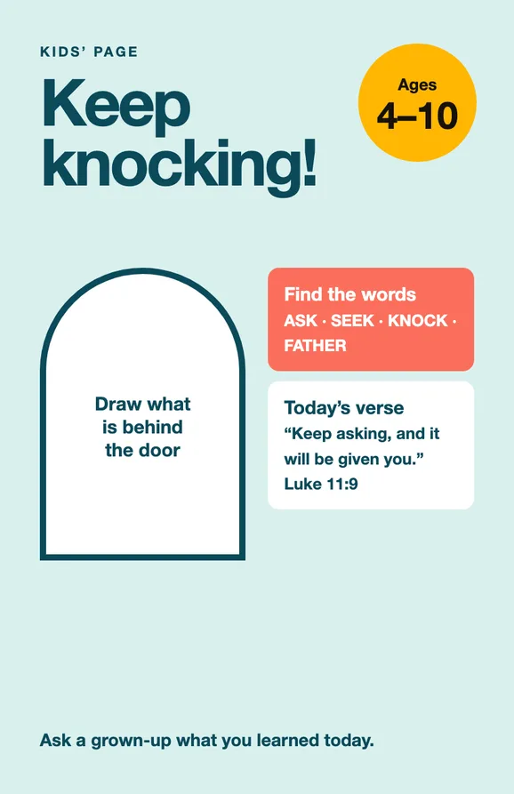 A pale teal kids page headed Keep knocking with a door to draw, a word list and a memory verse.