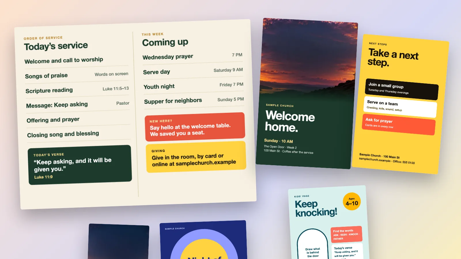 A folded church bulletin laid out as designs: an order of service spread on cream paper, a dark green cover reading Welcome home over a dusk hilltop with a cross, and a yellow back panel headed Take a next step, with a kids page and two more covers below.