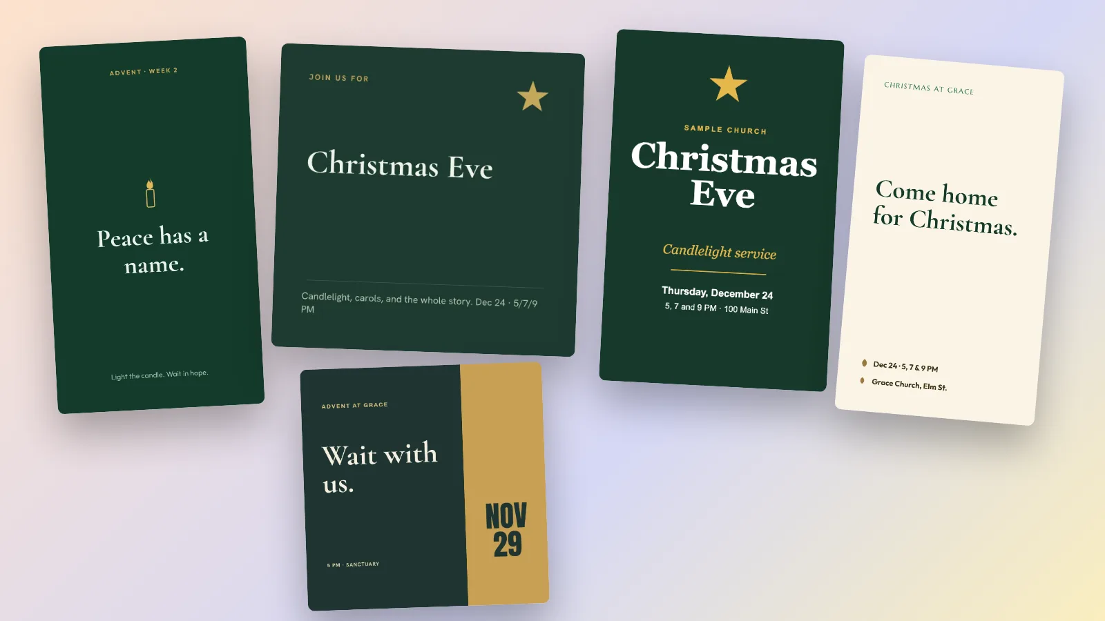 Five Christmas designs in evergreen, gold and cream: an Advent candle Story reading Peace has a name, a Christmas Eve invitation, a Christmas Eve service program cover, a cream Come home for Christmas Story and an Advent begins post.