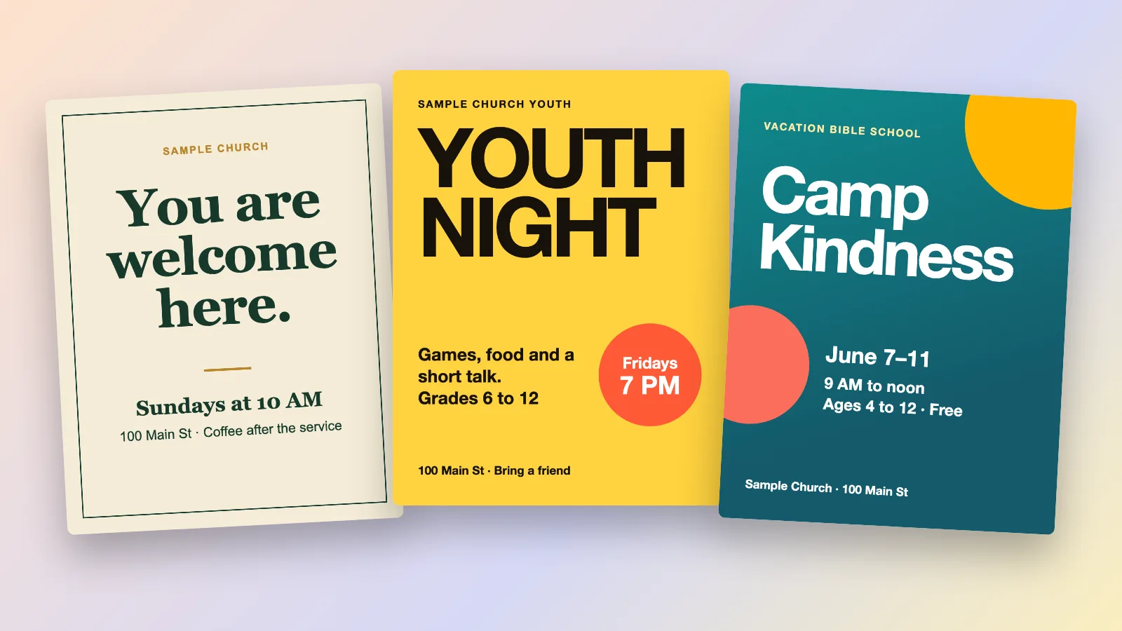 Three sample church flyers for a fictional church side by side: a cream You are welcome here flyer, a yellow Youth Night flyer in huge black type and a teal Camp Kindness Vacation Bible School flyer.
