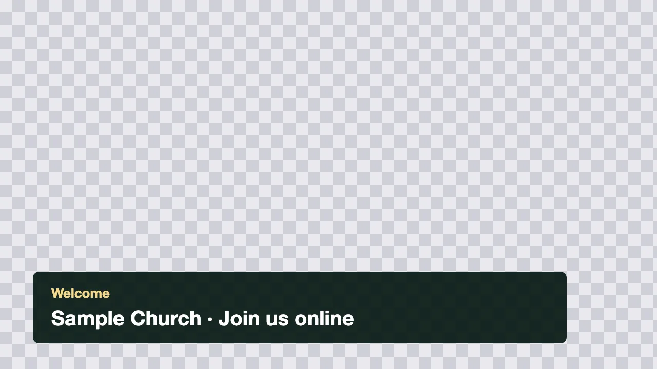A dark green bar lower third reading Welcome, Sample Church, Join us online, on a checkerboard.