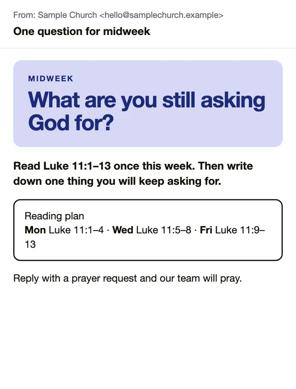A sample midweek email asking What are you still asking God for, with a three-day reading plan from Luke 11.