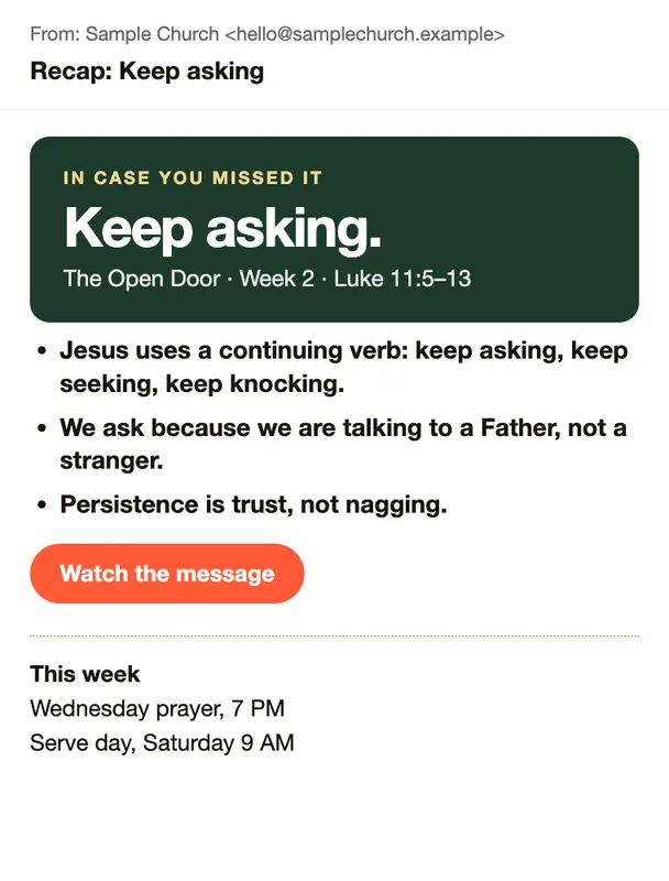 A sample recap email headed Keep asking with three bullet points, a Watch the message button and two events for the week.