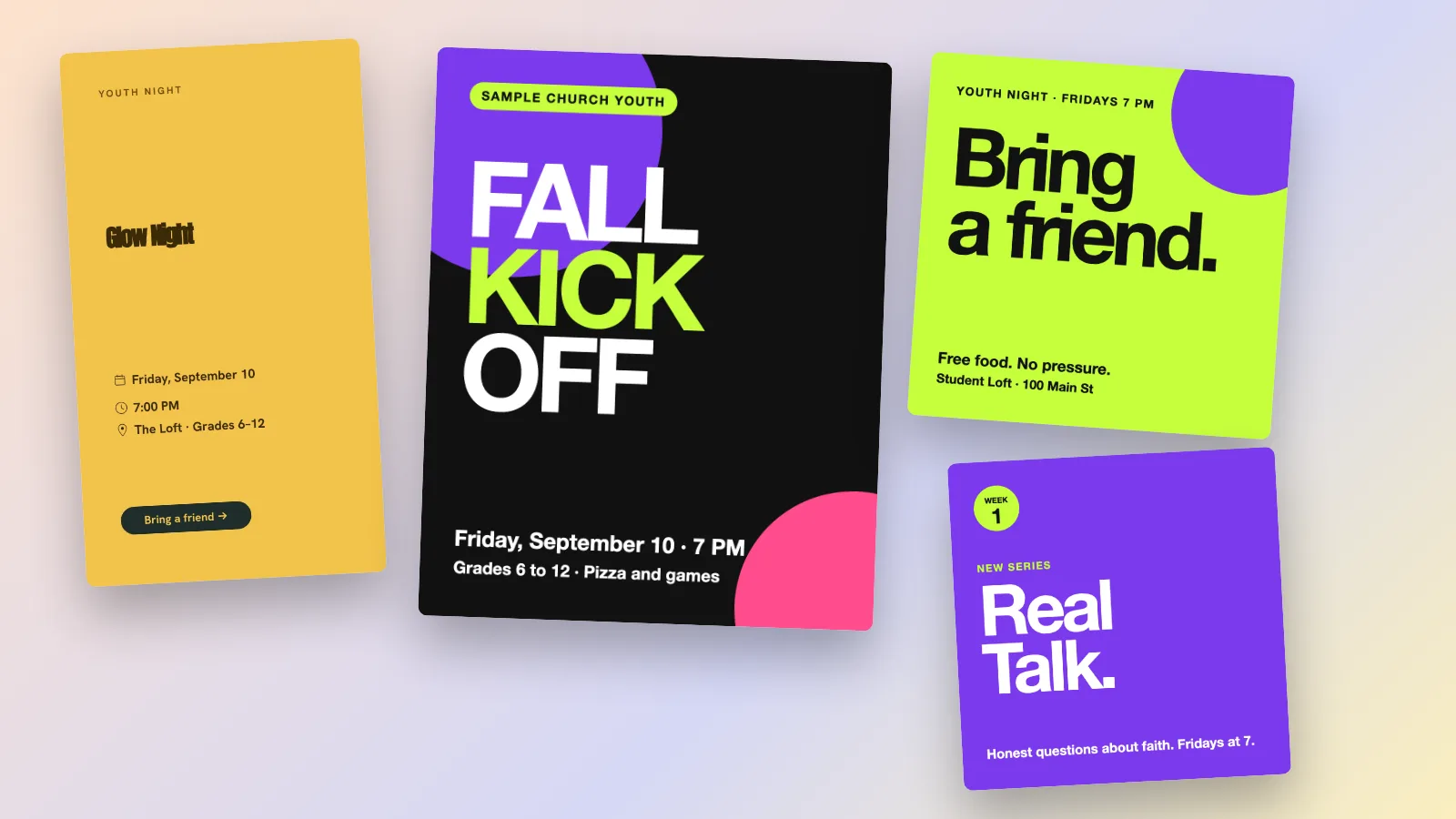 Four youth group designs: a yellow Glow Night Story, a black, purple and lime FALL KICKOFF post, a lime Bring a friend post and a purple Real Talk series post.