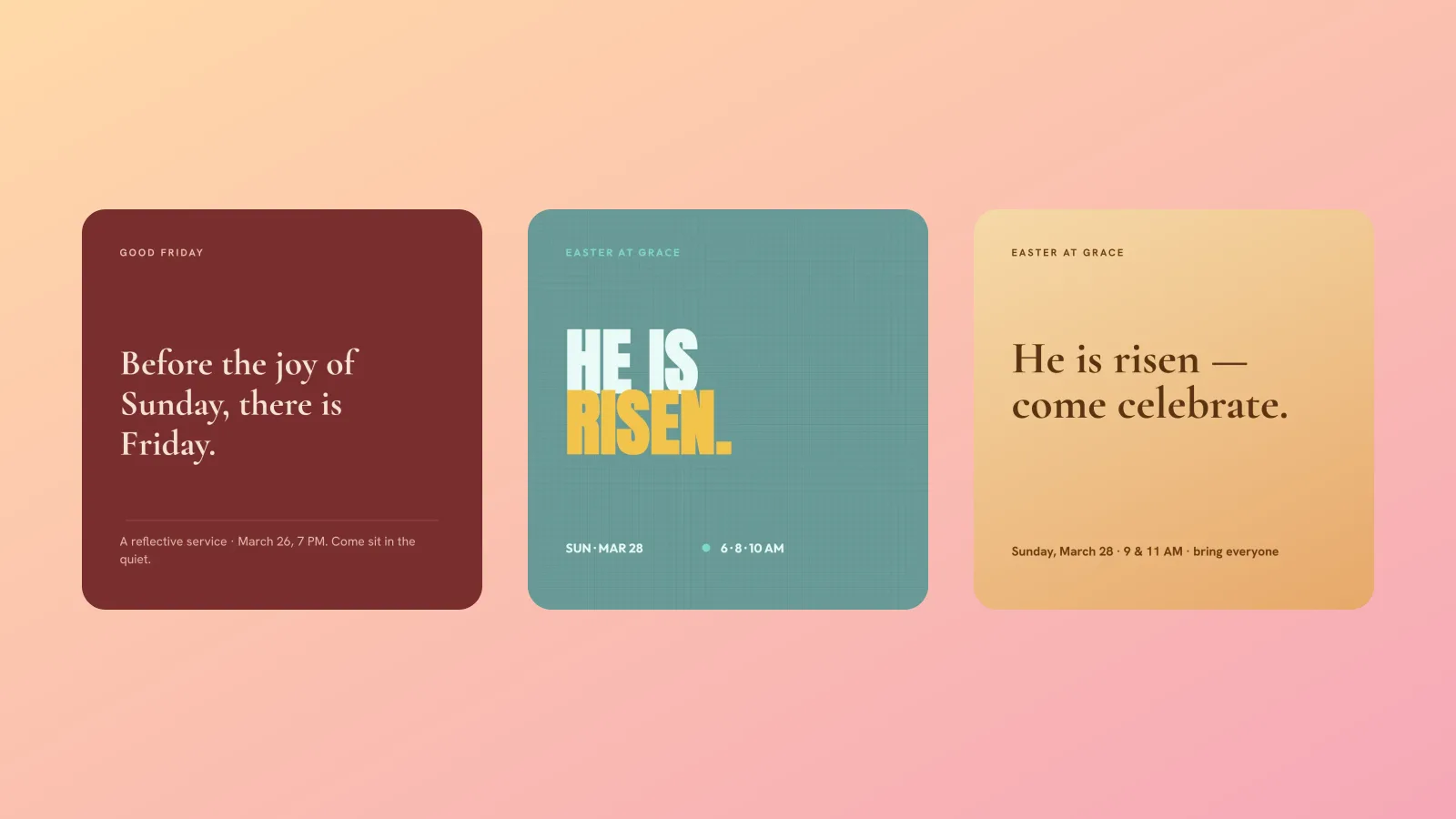 Three Easter designs side by side: a deep red Good Friday post, a teal He is risen poster with huge white and yellow type, and a warm gold Easter invitation.