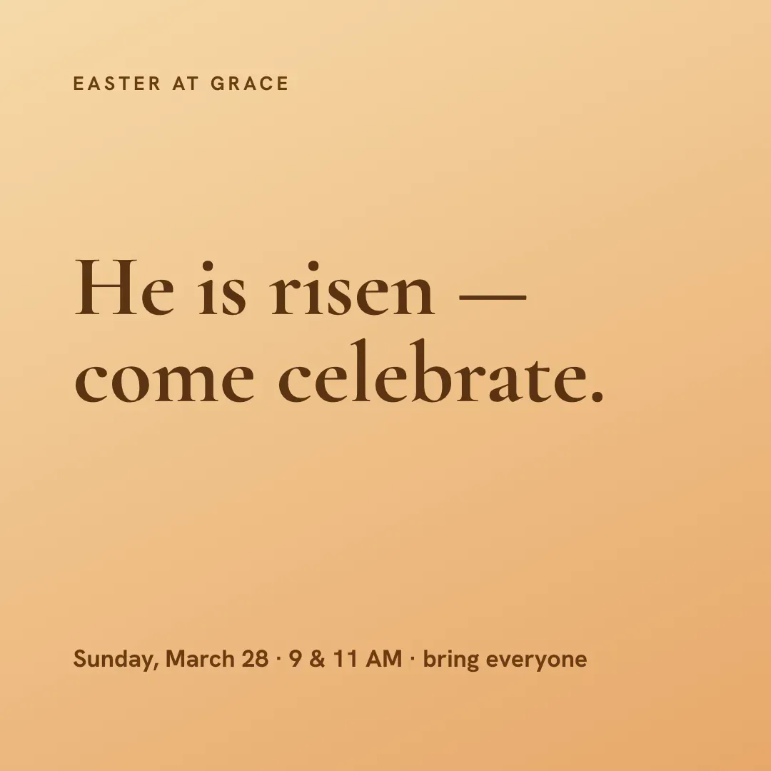 A square Easter invitation on warm gold with the words He is risen, come celebrate and the date, Sunday, March 28.