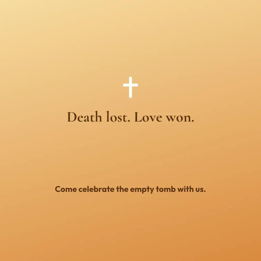 A gold gradient post with a white cross and the words Death lost. Love won.