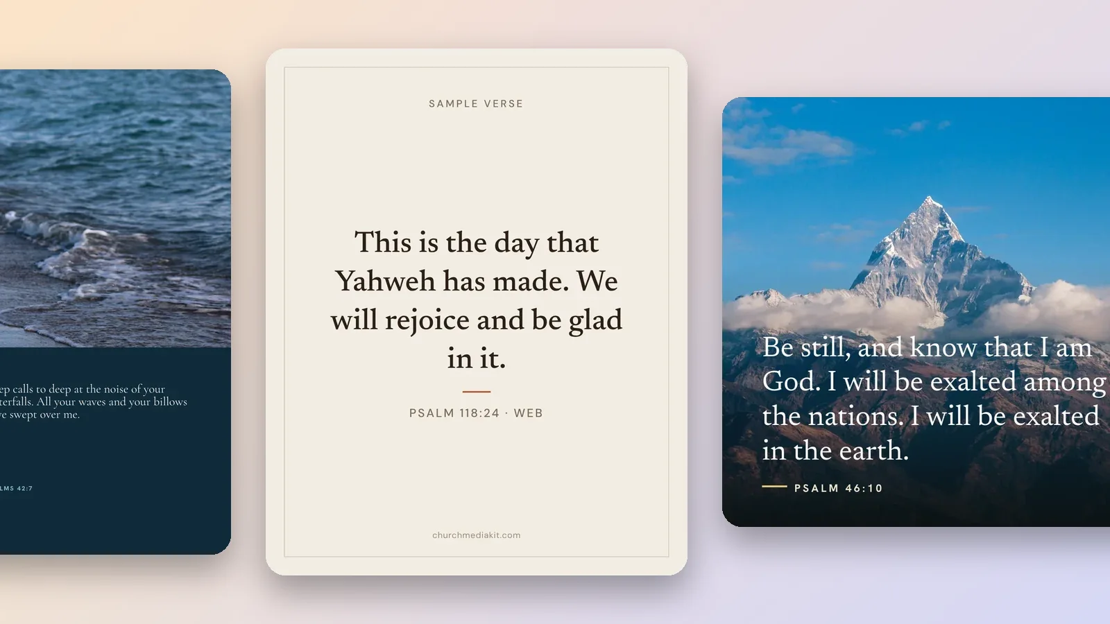 Three free Verse of the Day designs side by side: a tall design of waves on a shore with Psalm 42:7, a cream design with Psalm 118:24 in large type, and a square design of a snowy mountain with Psalm 46:10.