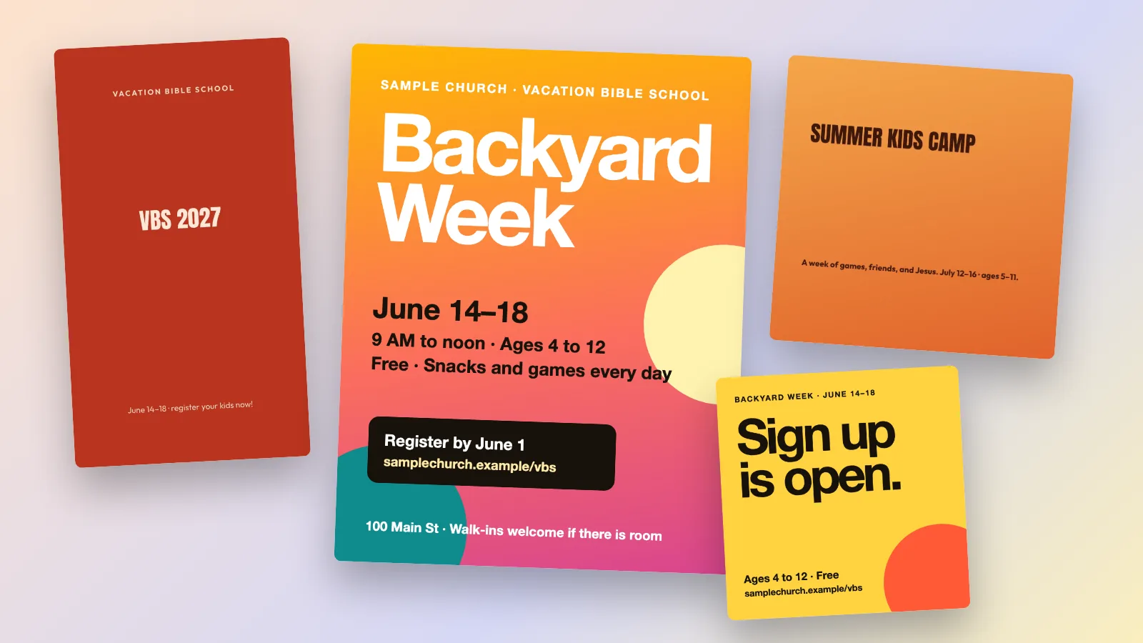 Four Vacation Bible School designs: a tall red VBS 2027 Story, an orange and pink Backyard Week registration flyer, an orange Summer Kids Camp post and a yellow Sign up is open post.