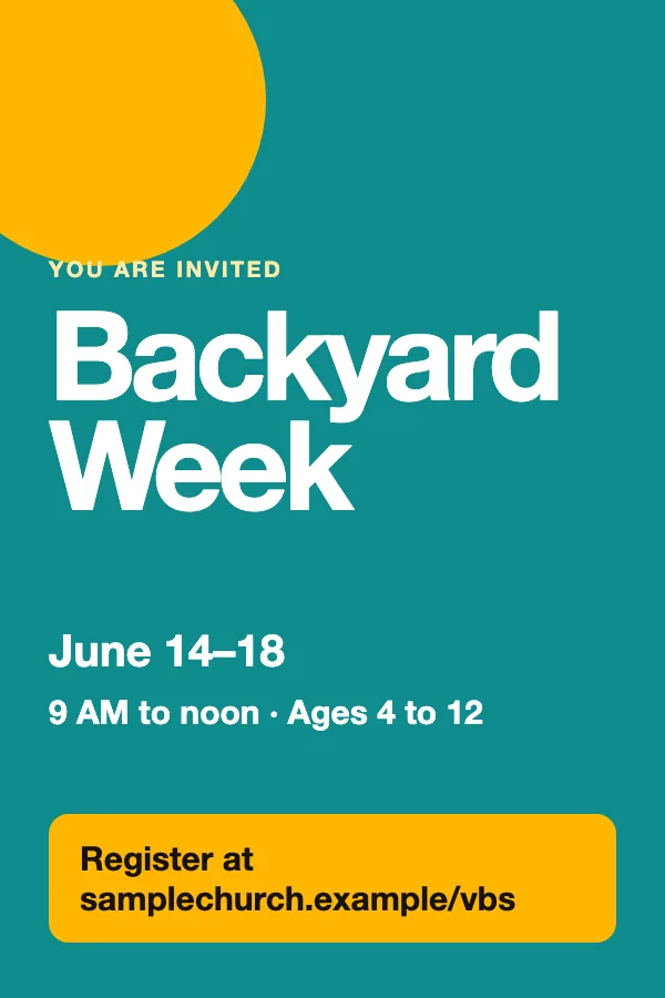 A 4 by 6 inch postcard in teal with a sun and the words You are invited, Backyard Week, June 14 to 18.
