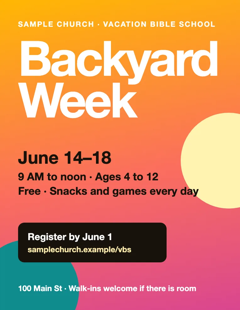 A Letter registration flyer for a fictional church, in orange and pink with the title Backyard Week, June 14 to 18, free, ages 4 to 12, register by June 1.