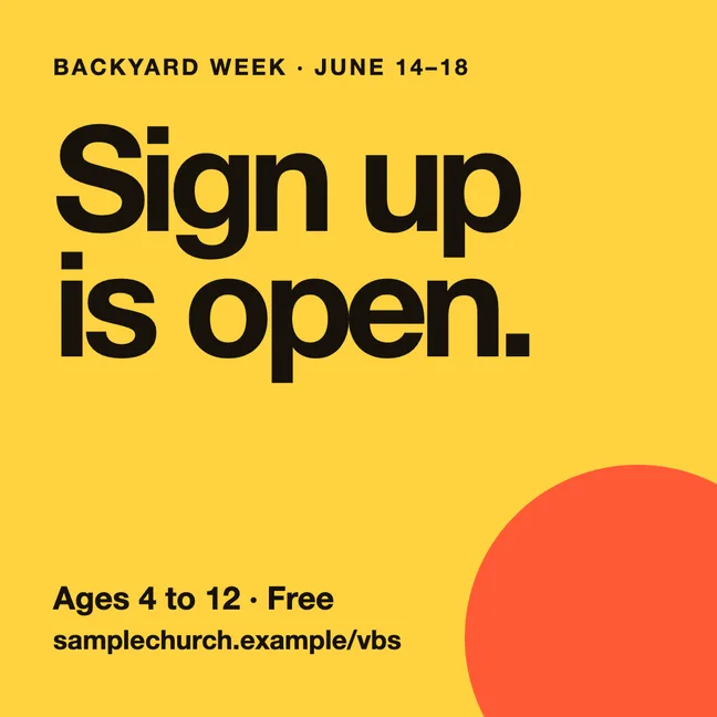 A yellow square post reading Sign up is open, Ages 4 to 12, free.