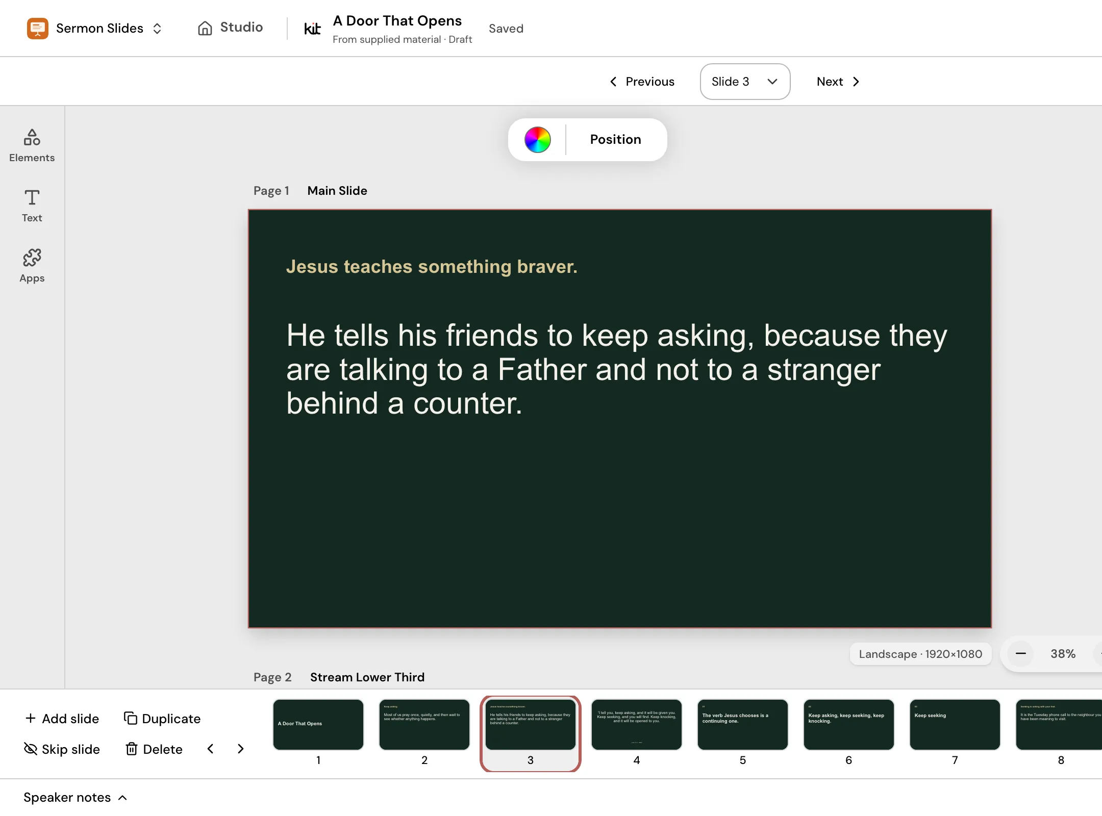 The Sermon Slides editor: a Main Slide, its Stream Lower Third and the slide strip.
