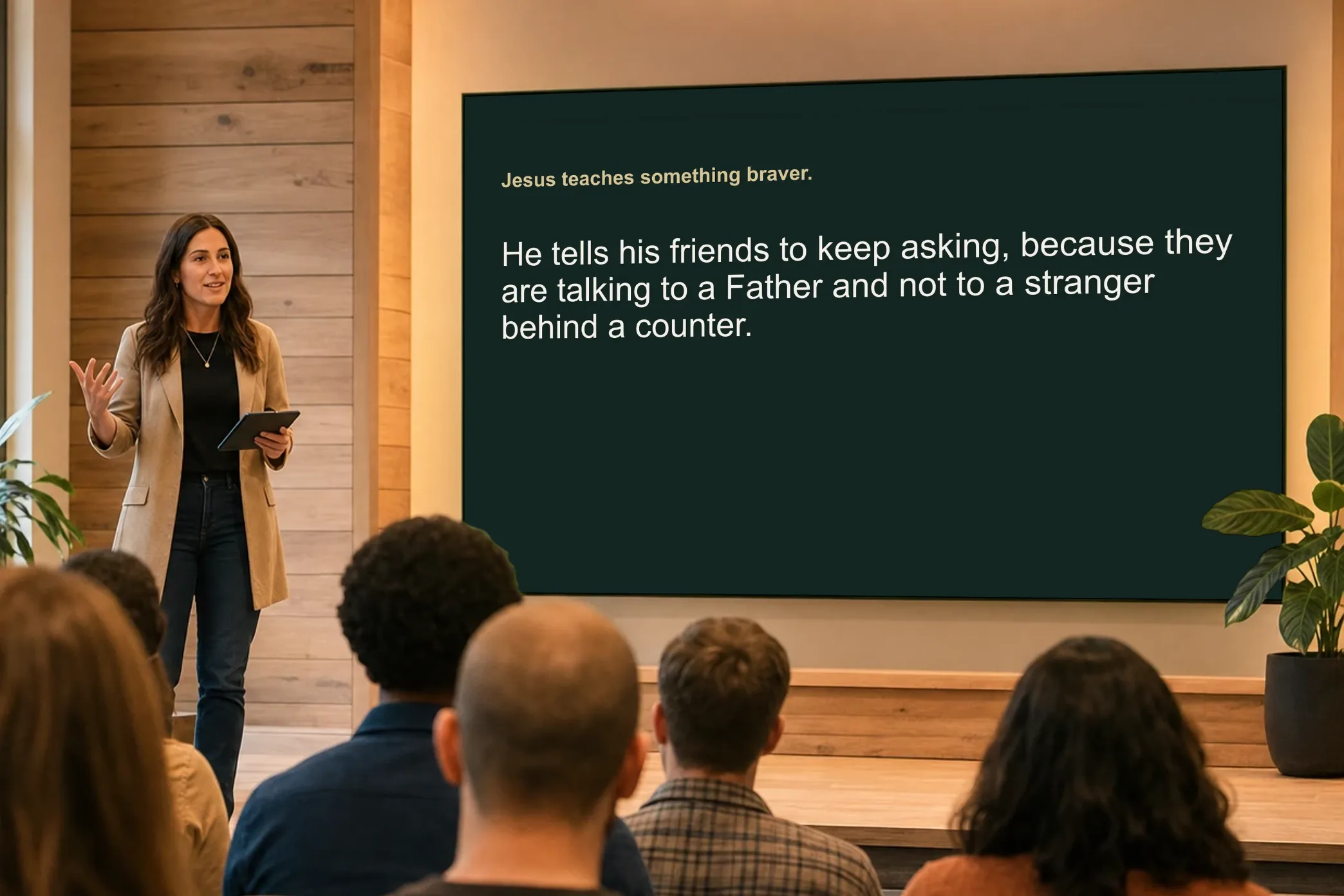 A speaker in a tan jacket holds a tablet beside a large wall screen showing a Sermon Slides main slide with a short gold heading and one large sentence, while the congregation watches from the front rows.